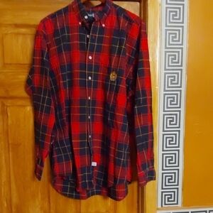 Ralph Lauren Red and Navy Plaid Men's Shirt Crested Pocket Size L